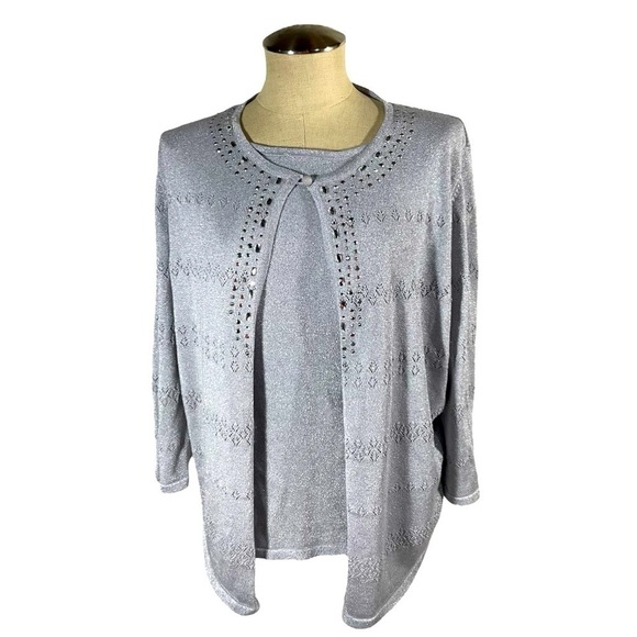 Alfred Dunner 3/4 Sleeve Silver Blouse w/Attached Jacket Rhinestones Sz L - Picture 1 of 7
